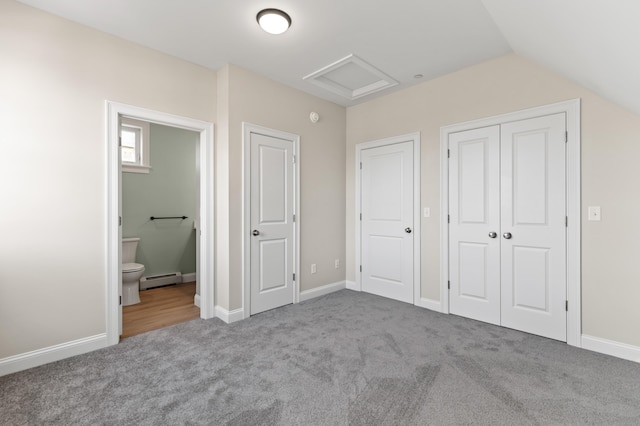 32 Jackson St, Portland, ME 04103 - unfurnished bedroom with carpet floors, a baseboard heating unit, attic access, ensuite bath, and a closet