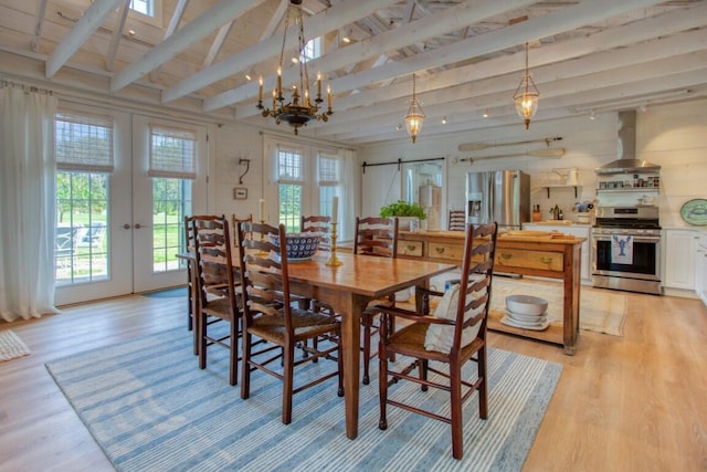 32 Murray Hill Rd, Boothbay, ME 04544 - dining space featuring french doors, plenty of natural light, light wood-style flooring, and beam ceiling