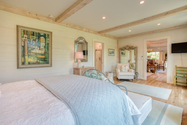 32 Murray Hill Rd, Boothbay, ME 04544 - bedroom with wood finished floors, beamed ceiling, recessed lighting, and wooden walls