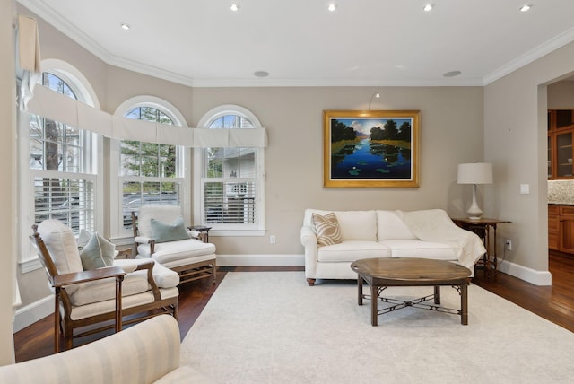 11 Clubhouse Dr, Kennebunk, ME 04043 - living area featuring ornamental molding, baseboards, dark wood finished floors, and recessed lighting