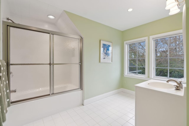 11 Clubhouse Dr, Kennebunk, ME 04043 - bathroom featuring shower / bath combination with glass door, a sink, baseboards, tile patterned flooring, and recessed lighting