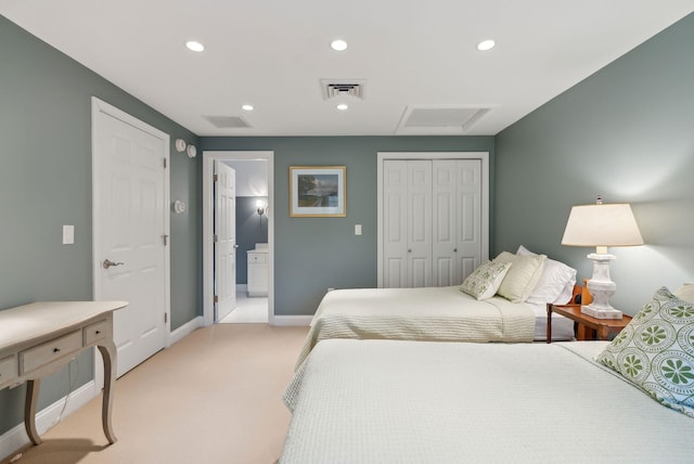 11 Clubhouse Dr, Kennebunk, ME 04043 - bedroom featuring light colored carpet, a closet, recessed lighting, attic access, and baseboards