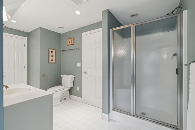 11 Clubhouse Dr, Kennebunk, ME 04043 - bathroom featuring a shower stall, tile patterned floors, recessed lighting, toilet, and baseboards
