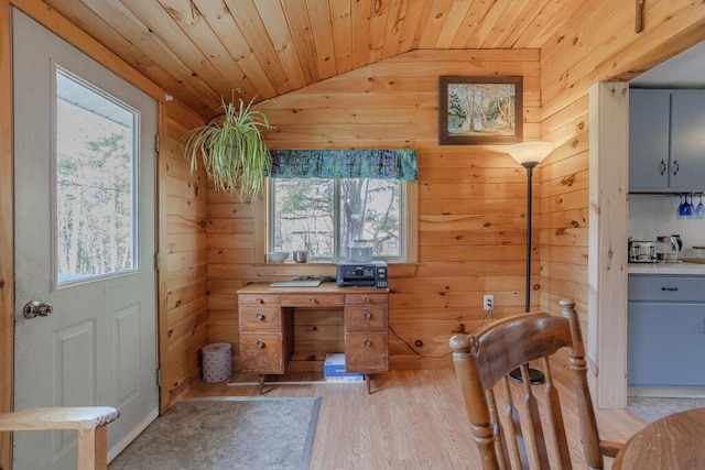 283 School St, Weld, ME 04285 - office with lofted ceiling, healthy amount of natural light, wood walls, light wood-type flooring, and wooden ceiling