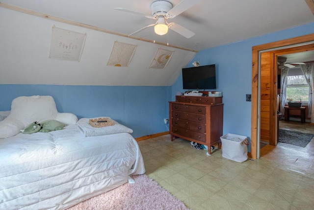 283 School St, Weld, ME 04285 - bedroom featuring light flooring, lofted ceiling, ceiling fan, and baseboards
