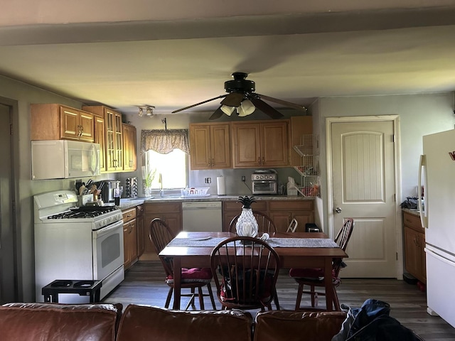 27 Trestle Rd, Medford, ME 04463 - kitchen featuring white appliances, wood finished floors, ceiling fan, and a sink