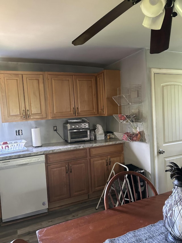 27 Trestle Rd, Medford, ME 04463 - kitchen featuring dishwasher, wood finished floors, ceiling fan, and brown cabinetry