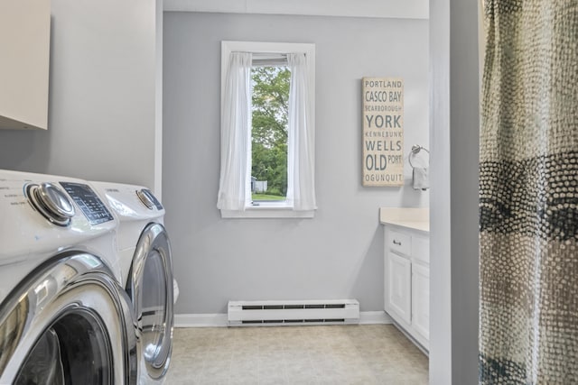 4 Oakview Dr Unit 4, Cape Elizabeth, ME 04107 - laundry room with baseboard heating, washer and dryer, cabinet space, and baseboards