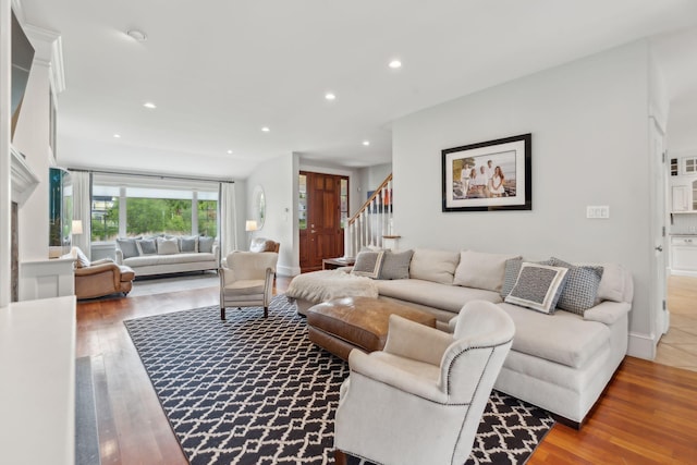 10 Jameson Dr, Falmouth, ME 04105 - living room featuring stairs, recessed lighting, and wood finished floors