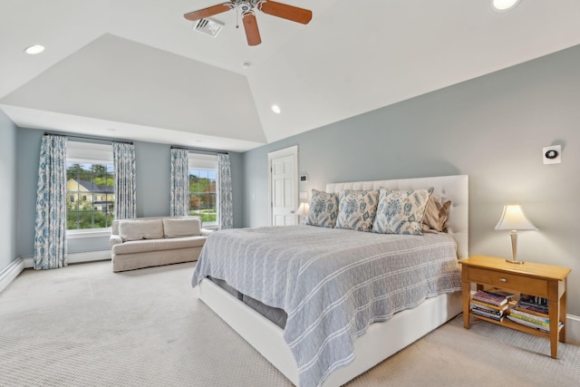 10 Jameson Dr, Falmouth, ME 04105 - carpeted bedroom featuring recessed lighting, vaulted ceiling, ceiling fan, and a baseboard heating unit