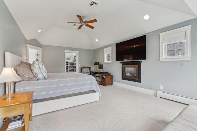 10 Jameson Dr, Falmouth, ME 04105 - bedroom featuring vaulted ceiling, carpet floors, recessed lighting, a glass covered fireplace, and a baseboard heating unit