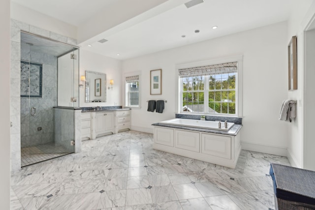 10 Jameson Dr, Falmouth, ME 04105 - bathroom featuring vanity, a stall shower, a bath, baseboards, and marble finish flooring