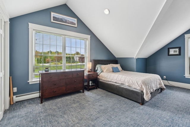 10 Jameson Dr, Falmouth, ME 04105 - bedroom with baseboard heating, lofted ceiling, carpet floors, baseboards, and recessed lighting