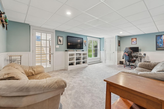 10 Jameson Dr, Falmouth, ME 04105 - living room featuring wainscoting, baseboard heating, a desk, a paneled ceiling, and carpet