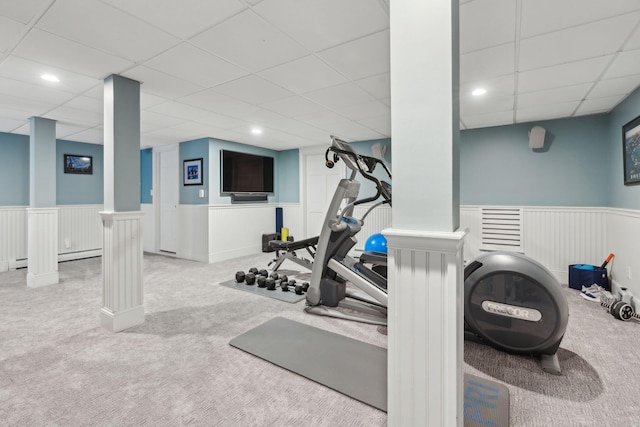 10 Jameson Dr, Falmouth, ME 04105 - exercise area featuring carpet, a drop ceiling, wainscoting, a baseboard radiator, and recessed lighting