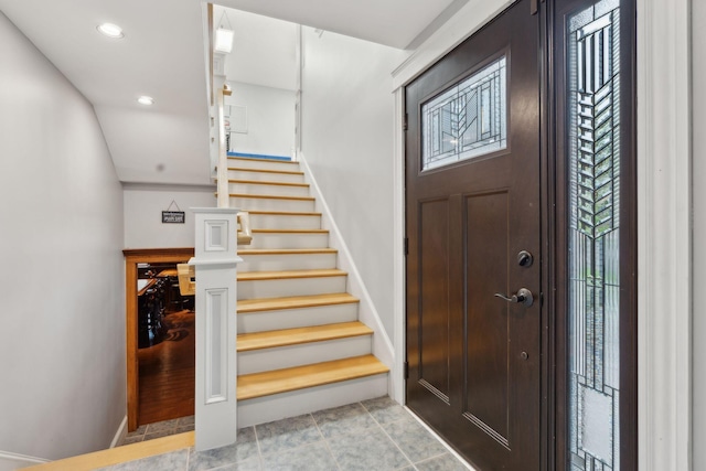 10 Jameson Dr, Falmouth, ME 04105 - foyer entrance with plenty of natural light, stairs, recessed lighting, baseboards, and tile patterned floors