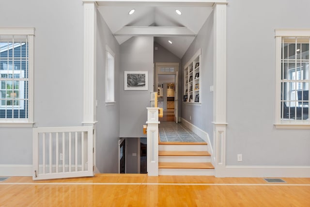 10 Jameson Dr, Falmouth, ME 04105 - stairs featuring plenty of natural light, baseboards, wood finished floors, and recessed lighting