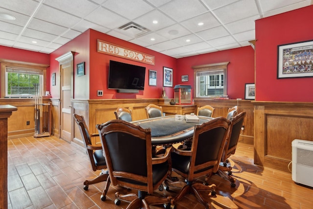 10 Jameson Dr, Falmouth, ME 04105 - dining room featuring a wainscoted wall, a paneled ceiling, recessed lighting, and wood finished floors