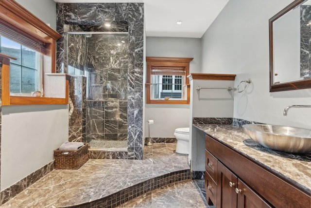 10 Jameson Dr, Falmouth, ME 04105 - bathroom featuring marble tiled floors, a marble finish shower, vanity, toilet, and recessed lighting