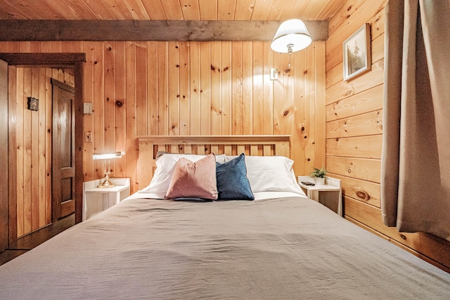 134 Valhalla Ln, Norway, ME 04268 - bedroom featuring wooden ceiling with exposed beams and wood walls