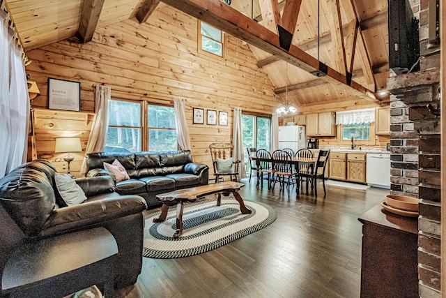 134 Valhalla Ln, Norway, ME 04268 - living room with hardwood / wood-style flooring, high vaulted ceiling, wooden ceiling with exposed beams, and wooden walls