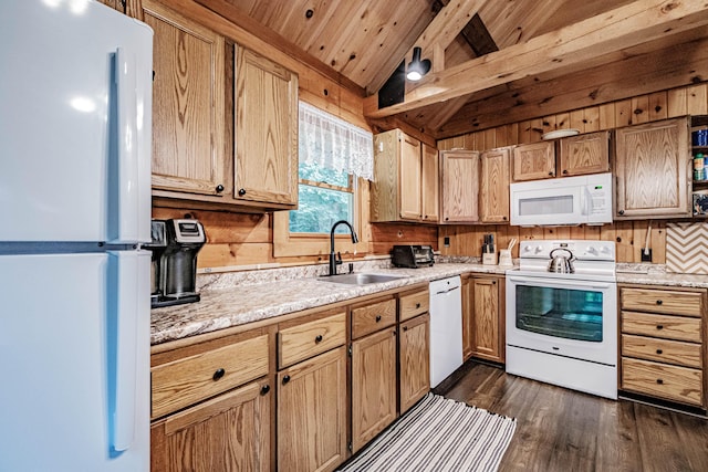 134 Valhalla Ln, Norway, ME 04268 - kitchen featuring white appliances, a sink, dark wood finished floors, and wooden ceiling