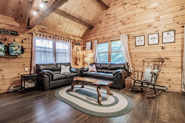 134 Valhalla Ln, Norway, ME 04268 - living area with baseboard heating, dark wood-style flooring, wooden walls, plenty of natural light, and wood ceiling with exposed beams