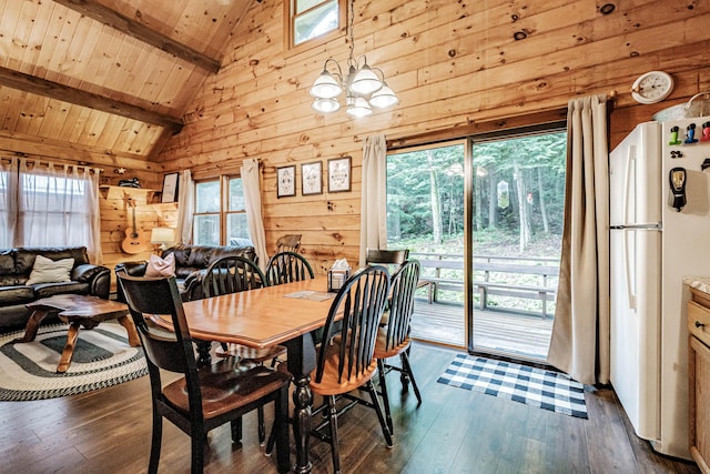 134 Valhalla Ln, Norway, ME 04268 - dining space featuring dark wood finished floors, wood walls, high vaulted ceiling, and wooden ceiling with exposed beams