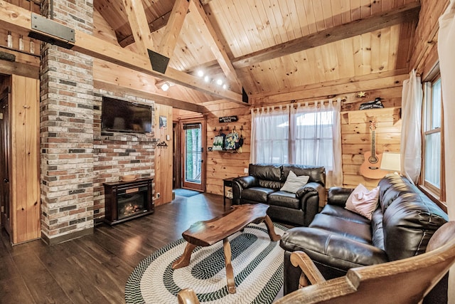 134 Valhalla Ln, Norway, ME 04268 - living area with wooden walls, dark wood-type flooring, wooden ceiling, and a fireplace