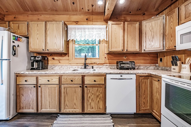 134 Valhalla Ln, Norway, ME 04268 - kitchen featuring white appliances, a sink, wood ceiling, recessed lighting, and dark wood-style floors