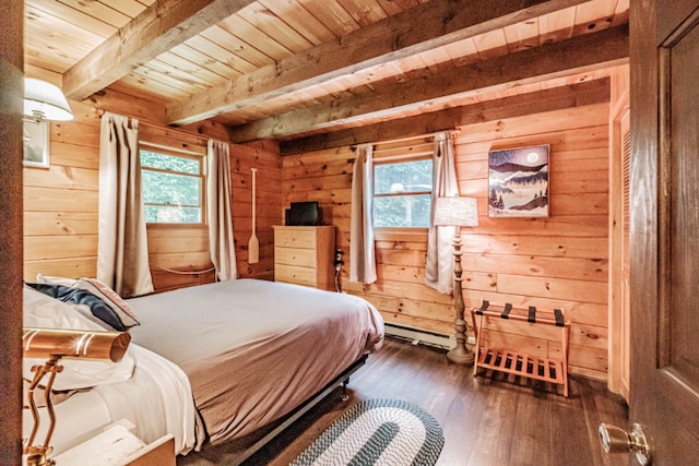 134 Valhalla Ln, Norway, ME 04268 - bedroom featuring wooden ceiling with exposed beams, wooden walls, multiple windows, a baseboard radiator, and dark wood finished floors