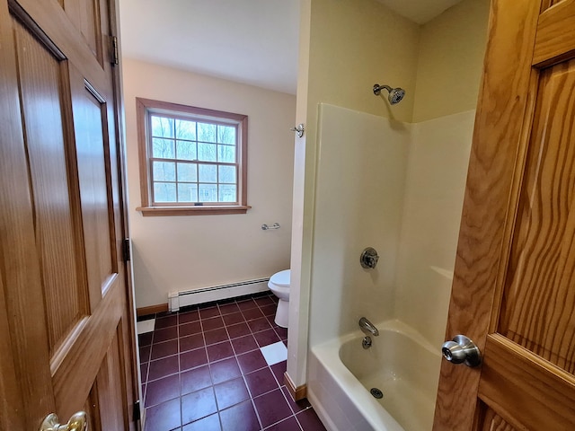 20 Brandywine Cir, Auburn, ME 04210 - full bathroom featuring a baseboard heating unit, toilet, tile patterned flooring, baseboards, and shower / tub combination