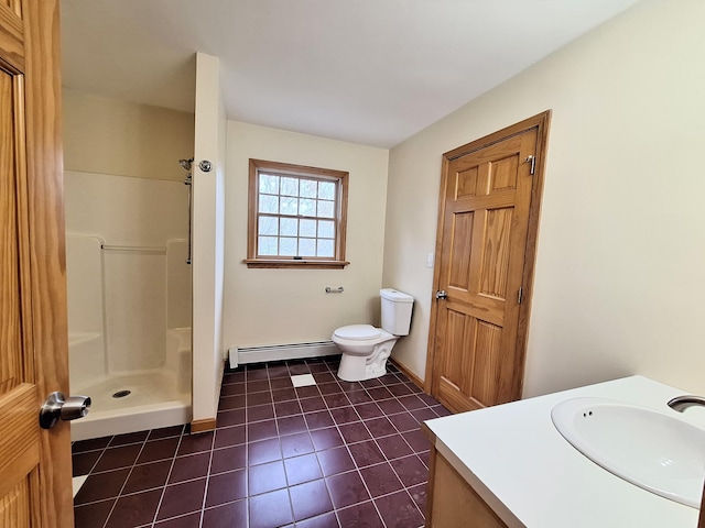 20 Brandywine Cir, Auburn, ME 04210 - full bathroom featuring a baseboard heating unit, a stall shower, tile patterned floors, baseboards, and toilet