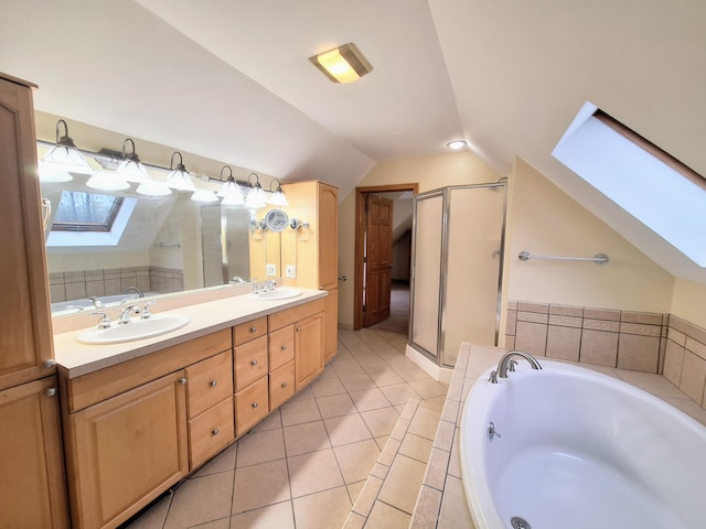 20 Brandywine Cir, Auburn, ME 04210 - bathroom with a skylight, lofted ceiling, a bath, double vanity, and a shower stall