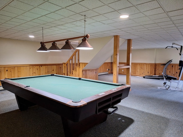 20 Brandywine Cir, Auburn, ME 04210 - game room with wood walls, carpet, wainscoting, billiards, and a baseboard radiator
