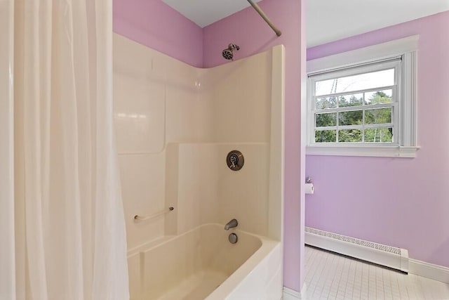 22 Lindas Way, Manchester, ME 04351 - full bathroom with a baseboard radiator, shower / bath combo with shower curtain, baseboards, and tile patterned flooring