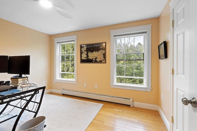 22 Lindas Way, Manchester, ME 04351 - office with baseboard heating, light wood-style floors, baseboards, and ceiling fan