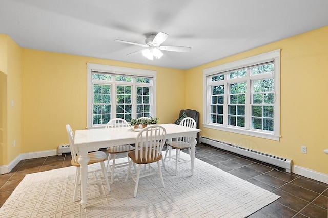 22 Lindas Way, Manchester, ME 04351 - dining area featuring a baseboard radiator, dark tile patterned flooring, a ceiling fan, and baseboards