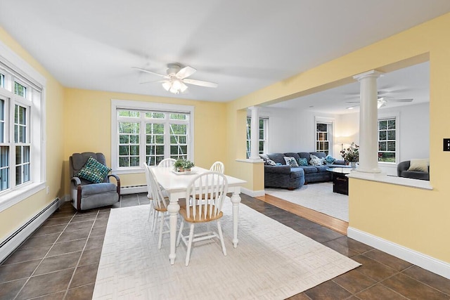 22 Lindas Way, Manchester, ME 04351 - dining space with ornate columns, ceiling fan, a baseboard heating unit, and dark tile patterned flooring