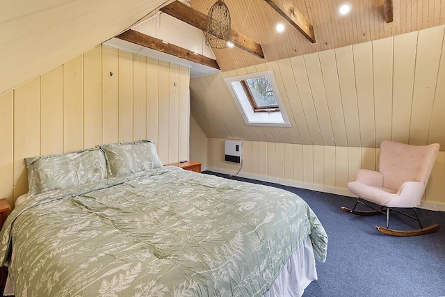 66 Beechwood St, Thomaston, ME 04861 - carpeted bedroom with a skylight, vaulted ceiling, wood walls, baseboards, and wood ceiling