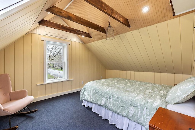 66 Beechwood St, Thomaston, ME 04861 - carpeted bedroom with vaulted ceiling, wood walls, and wood ceiling