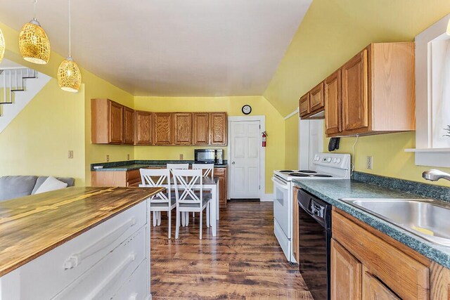 66 Beechwood St, Thomaston, ME 04861 - kitchen featuring black appliances, a sink, dark wood-type flooring, butcher block counters, and brown cabinets