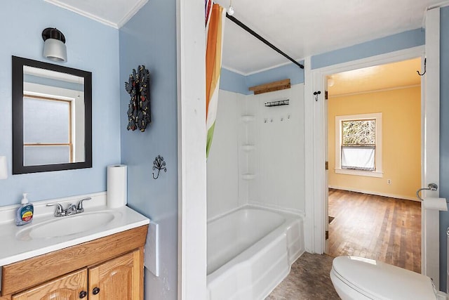 66 Beechwood St, Thomaston, ME 04861 - bathroom featuring toilet, crown molding, shower / bath combination, and vanity