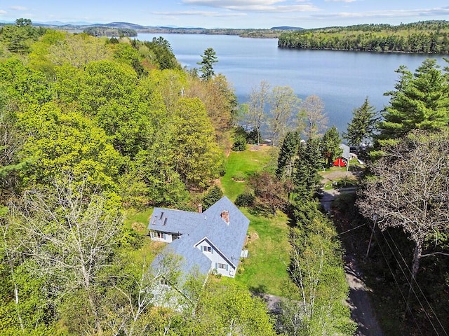 66 Brickett Point Ests, Oakland, ME 04963 - aerial view of property and surrounding area featuring a large body of water and a heavily wooded area