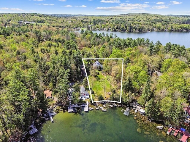 66 Brickett Point Ests, Oakland, ME 04963 - aerial view of property's location featuring a forest, property boundaries highlighted, and a nearby body of water
