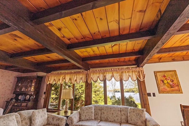 66 Brickett Point Ests, Oakland, ME 04963 - living room featuring a water view, beam ceiling, and wooden ceiling