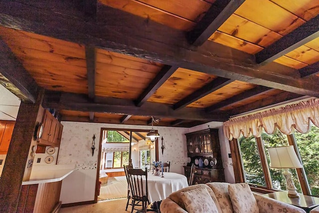 66 Brickett Point Ests, Oakland, ME 04963 - dining room with wood ceiling, beam ceiling, and wallpapered walls