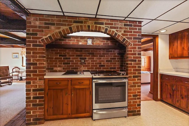 66 Brickett Point Ests, Oakland, ME 04963 - kitchen with electric range, light countertops, light carpet, and recessed lighting