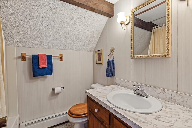 66 Brickett Point Ests, Oakland, ME 04963 - bathroom featuring a baseboard radiator, toilet, vanity, a shower with curtain, and a textured ceiling