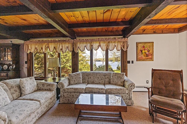 66 Brickett Point Ests, Oakland, ME 04963 - living area with plenty of natural light, beamed ceiling, wooden ceiling, a baseboard radiator, and carpet floors
